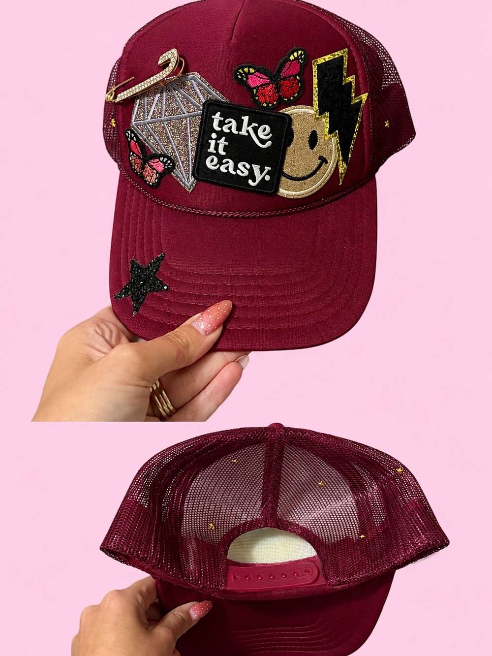 Burgundy Patch Trucker Hat - "Take It Easy"
